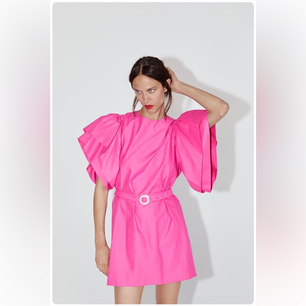 ZARA WOMAN FUSCIA MINI DRESS WITH VOLUMINOUS SLEEVES